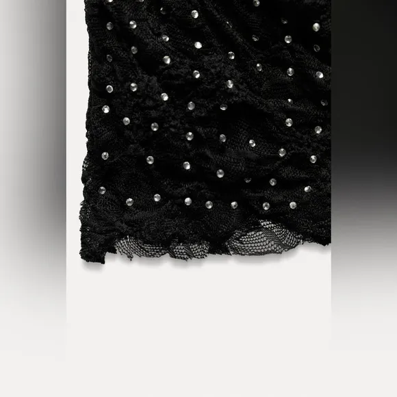 Zara NWT black &amp; silver rhinestone jeweled mesh ruched stretchy midi skirt