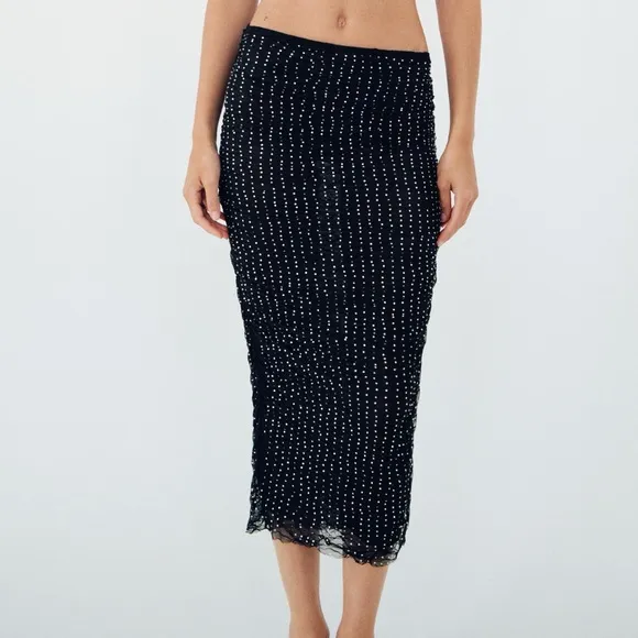 Zara NWT black &amp; silver rhinestone jeweled mesh ruched stretchy midi skirt