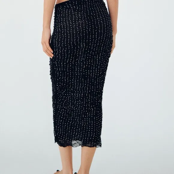 Zara NWT black &amp; silver rhinestone jeweled mesh ruched stretchy midi skirt