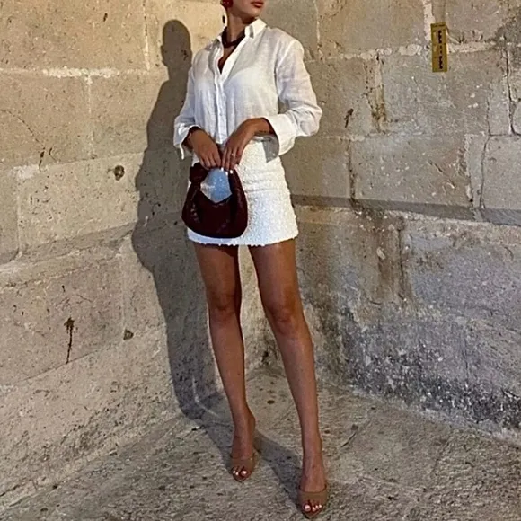 Zara NWT ZW collection white sequin mini skirt