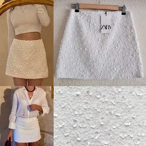 Zara NWT ZW collection white sequin mini skirt