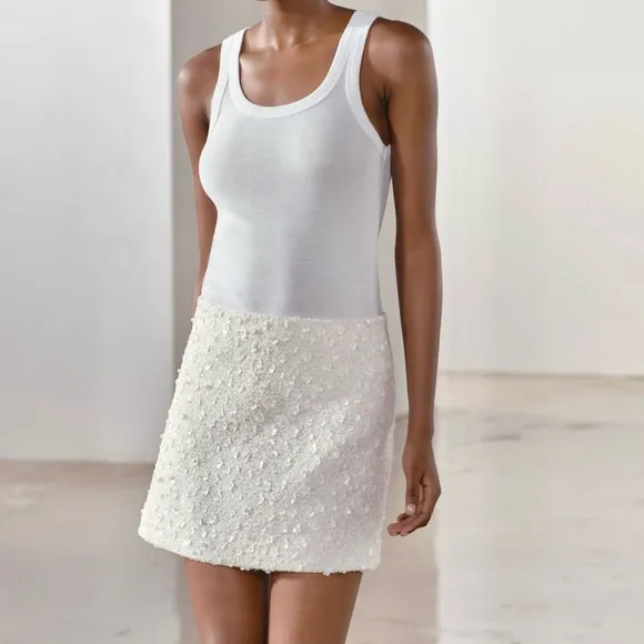 Zara NWT ZW collection white sequin mini skirt