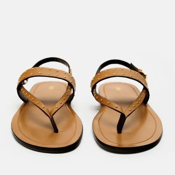 Zara Studded Brown Nude Leather Minimalist Flat Sandals Shoes Size 10