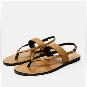 Zara Studded Brown Nude Leather Minimalist Flat Sandals Shoes Size 10