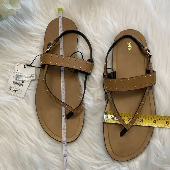 Zara Studded Brown Nude Leather Minimalist Flat Sandals Shoes Size 10