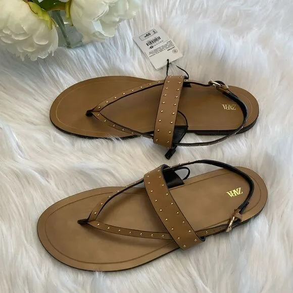 Zara Studded Brown Nude Leather Minimalist Flat Sandals Shoes Size 10