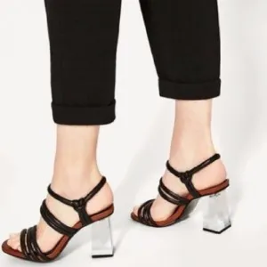Zara Woman Black Leather with Methacrylate Heel Sandals