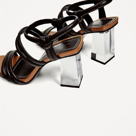 Zara Woman Black Leather with Methacrylate Heel Sandals