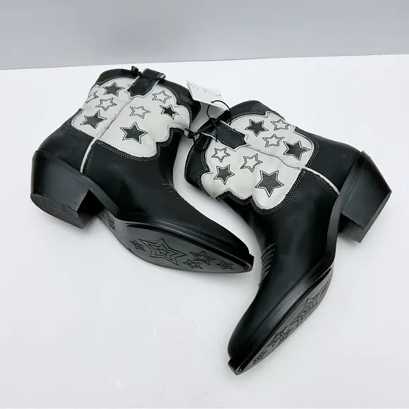 Zara Womens Black White Leather Stars Western Cowboy Boots EU 36 /US 6 NEW