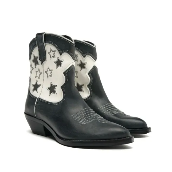 Zara Womens Black White Leather Stars Western Cowboy Boots EU 36 /US 6 NEW
