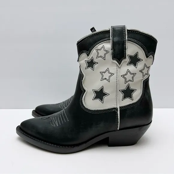 Zara Womens Black White Leather Stars Western Cowboy Boots EU 36 /US 6 NEW