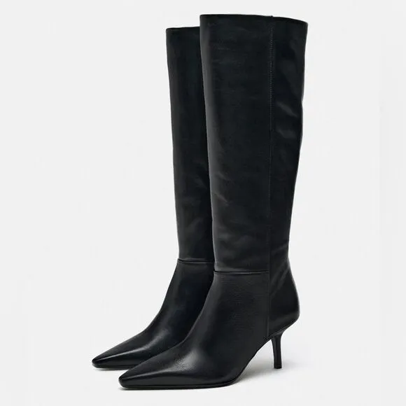 ZARA FINE POINTED TOE HEELED LEATHER KNEE HIGH BOOTS