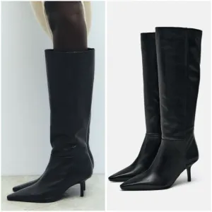 ZARA FINE POINTED TOE HEELED LEATHER KNEE HIGH BOOTS