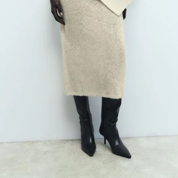 ZARA FINE POINTED TOE HEELED LEATHER KNEE HIGH BOOTS