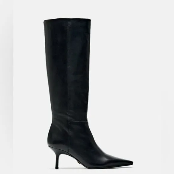 ZARA FINE POINTED TOE HEELED LEATHER KNEE HIGH BOOTS