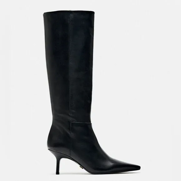 ZARA FINE POINTED TOE HEELED LEATHER KNEE HIGH BOOTS