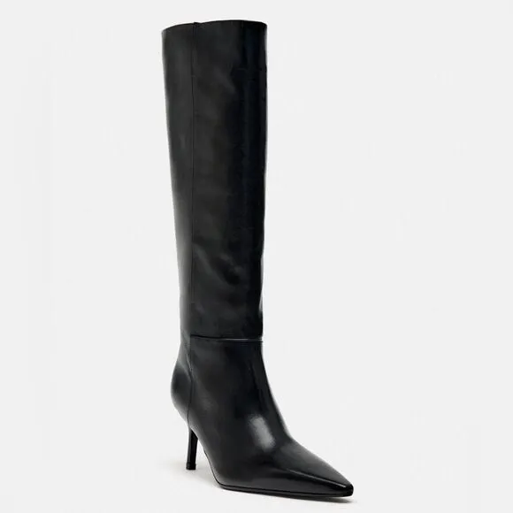 ZARA FINE POINTED TOE HEELED LEATHER KNEE HIGH BOOTS