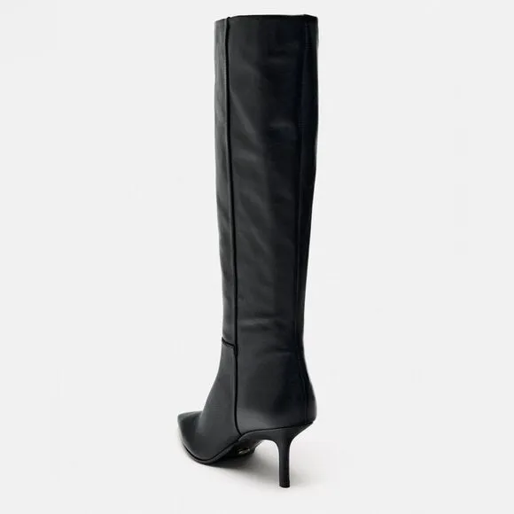 ZARA FINE POINTED TOE HEELED LEATHER KNEE HIGH BOOTS